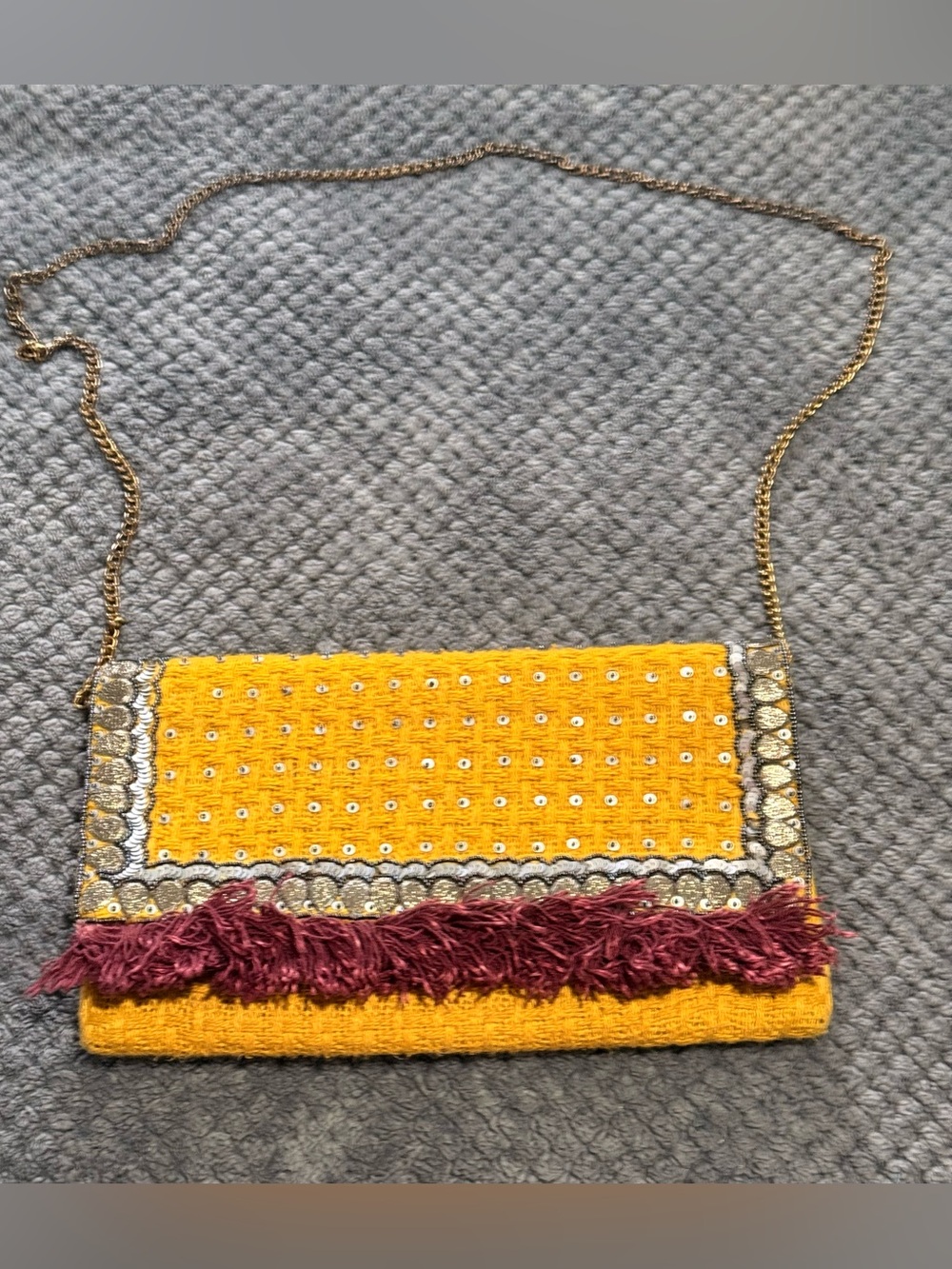 Beaded Fringe Crossbody Bag, NWOT, Yellow and Maroon 10.5” x 6”
